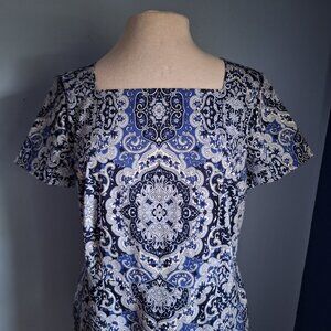 Talbots Navy Blue & White Classic Medalion Sheath Dress Size 12